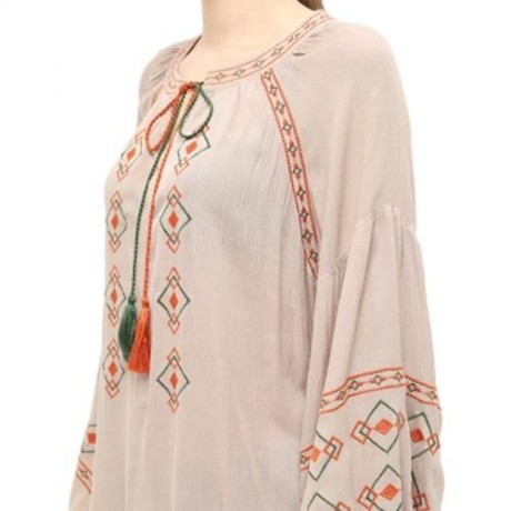 STYLISH ROUND COLLAR LANTERN SLEEVE EMBROIDERY WOMEN BLOUSE (KHAKI)