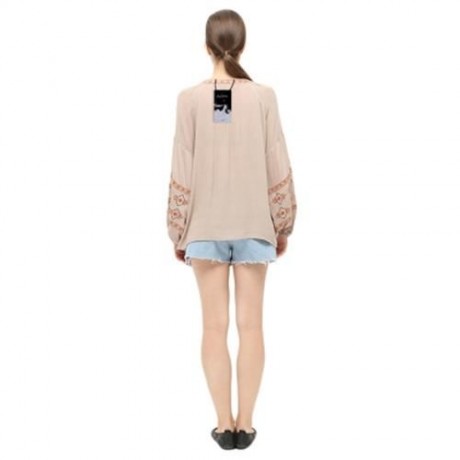 STYLISH ROUND COLLAR LANTERN SLEEVE EMBROIDERY WOMEN BLOUSE (KHAKI)