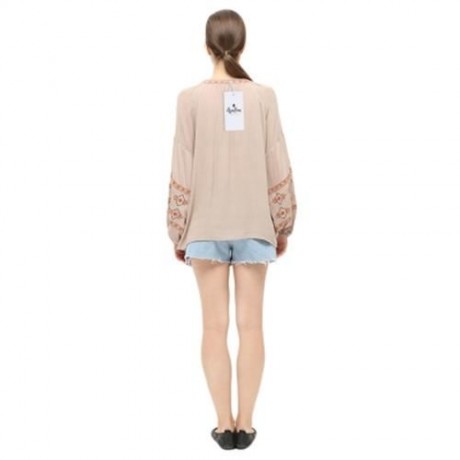 STYLISH ROUND COLLAR LANTERN SLEEVE EMBROIDERY WOMEN BLOUSE (KHAKI)