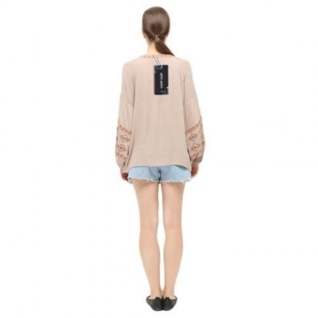 STYLISH ROUND COLLAR LANTERN SLEEVE EMBROIDERY WOMEN BLOUSE (KHAKI)