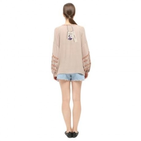 STYLISH ROUND COLLAR LANTERN SLEEVE EMBROIDERY WOMEN BLOUSE (KHAKI)