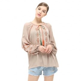 STYLISH ROUND COLLAR LANTERN SLEEVE EMBROIDERY WOMEN BLOUSE (KHAKI)