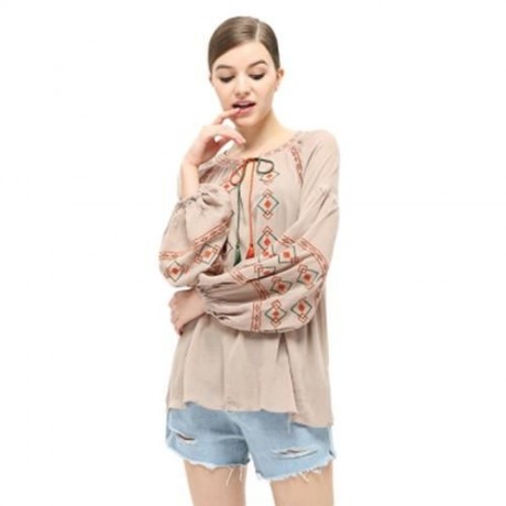 STYLISH ROUND COLLAR LANTERN SLEEVE EMBROIDERY WOMEN BLOUSE (KHAKI)