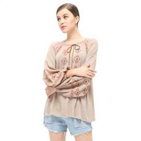 STYLISH ROUND COLLAR LANTERN SLEEVE EMBROIDERY WOMEN BLOUSE (KHAKI)