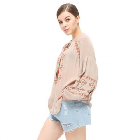 STYLISH ROUND COLLAR LANTERN SLEEVE EMBROIDERY WOMEN BLOUSE (KHAKI)