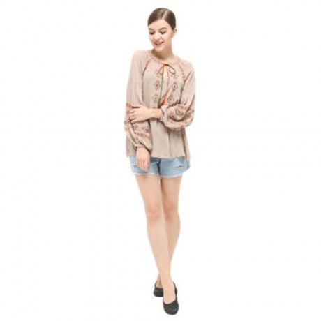 STYLISH ROUND COLLAR LANTERN SLEEVE EMBROIDERY WOMEN BLOUSE (KHAKI)