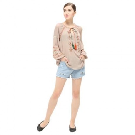 STYLISH ROUND COLLAR LANTERN SLEEVE EMBROIDERY WOMEN BLOUSE (KHAKI)
