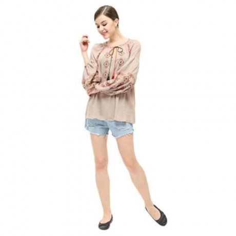 STYLISH ROUND COLLAR LANTERN SLEEVE EMBROIDERY WOMEN BLOUSE (KHAKI)