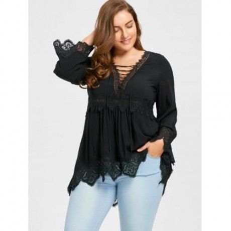 PLUS SIZE FLARE SLEEVE LACE UP PLUNGING BLOUSE (BLACK)
