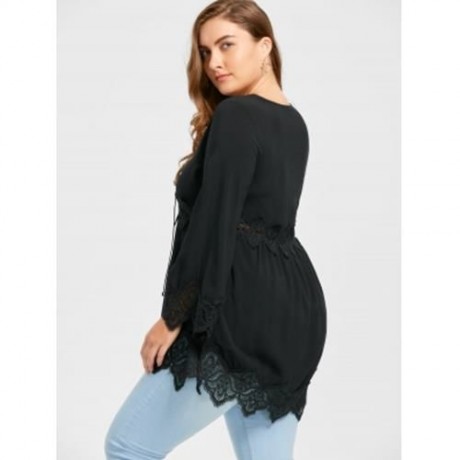 PLUS SIZE FLARE SLEEVE LACE UP PLUNGING BLOUSE (BLACK)