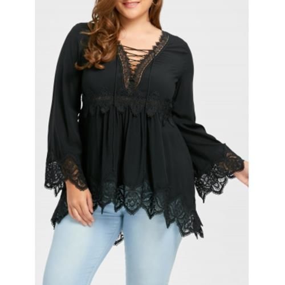 PLUS SIZE FLARE SLEEVE LACE UP PLUNGING BLOUSE (BLACK)