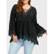 PLUS SIZE FLARE SLEEVE LACE UP PLUNGING BLOUSE (BLACK)