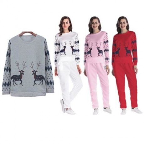 FEMALE CUTE PRINT SPORTS SWEATSHIRT SET LOOSE FLEECED PANTS (GRAY)