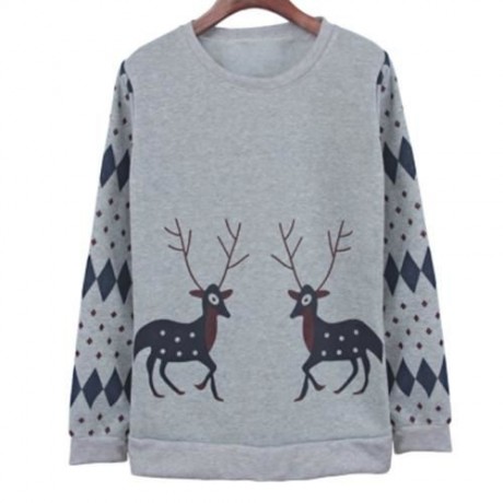 FEMALE CUTE PRINT SPORTS SWEATSHIRT SET LOOSE FLEECED PANTS (GRAY)