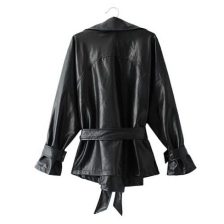 FEMALE AUTUMN LOOSE TURN-DOWN COLLAR LACE-UP CUFF LEATHER JACKET (BLACK)