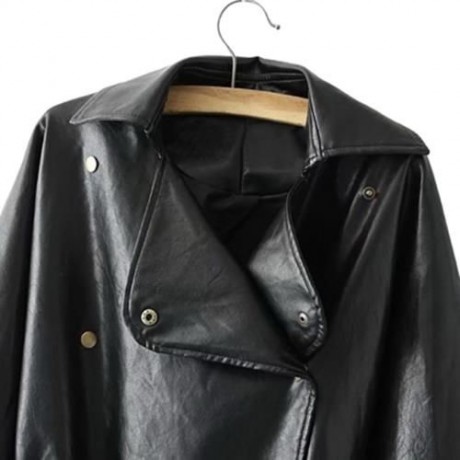 FEMALE AUTUMN LOOSE TURN-DOWN COLLAR LACE-UP CUFF LEATHER JACKET (BLACK)
