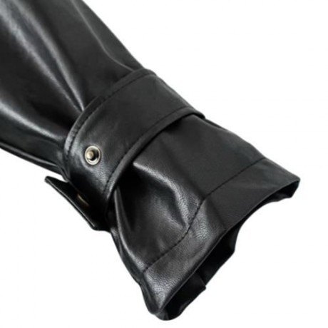 FEMALE AUTUMN LOOSE TURN-DOWN COLLAR LACE-UP CUFF LEATHER JACKET (BLACK)
