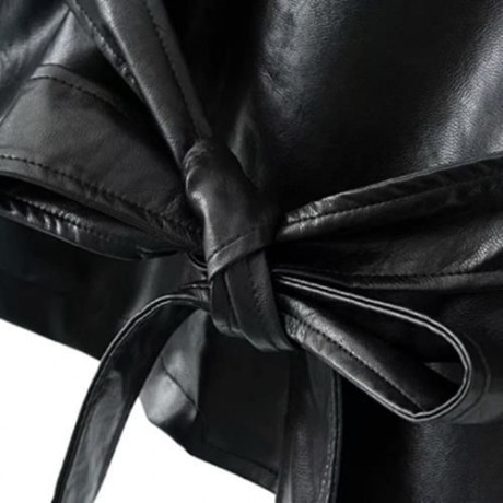 FEMALE AUTUMN LOOSE TURN-DOWN COLLAR LACE-UP CUFF LEATHER JACKET (BLACK)