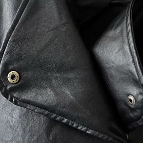 FEMALE AUTUMN LOOSE TURN-DOWN COLLAR LACE-UP CUFF LEATHER JACKET (BLACK)