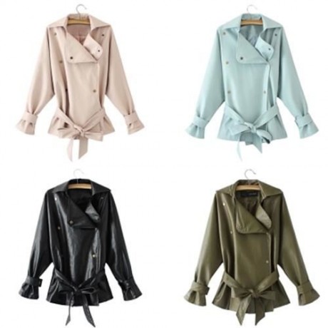 FEMALE AUTUMN LOOSE TURN-DOWN COLLAR LACE-UP CUFF LEATHER JACKET (BLACK)