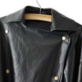 FEMALE AUTUMN LOOSE TURN-DOWN COLLAR LACE-UP CUFF LEATHER JACKET (BLACK)