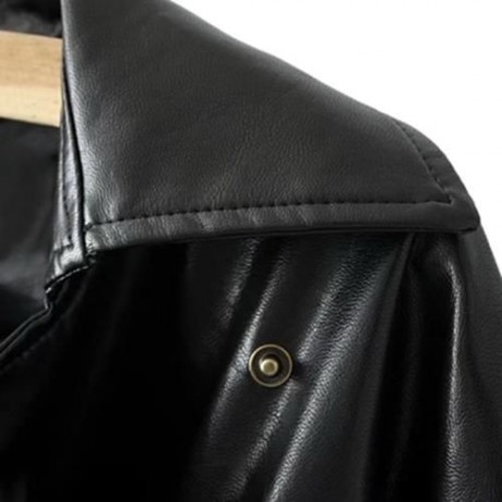 FEMALE AUTUMN LOOSE TURN-DOWN COLLAR LACE-UP CUFF LEATHER JACKET (BLACK)