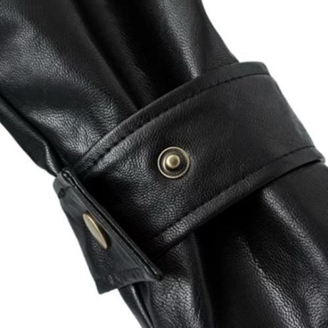 FEMALE AUTUMN LOOSE TURN-DOWN COLLAR LACE-UP CUFF LEATHER JACKET (BLACK)
