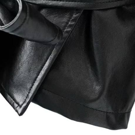 FEMALE AUTUMN LOOSE TURN-DOWN COLLAR LACE-UP CUFF LEATHER JACKET (BLACK)