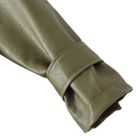 FEMALE AUTUMN LOOSE TURN-DOWN COLLAR LACE-UP CUFF LEATHER JACKET (ARMY GREEN)