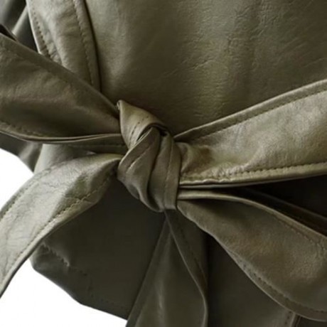 FEMALE AUTUMN LOOSE TURN-DOWN COLLAR LACE-UP CUFF LEATHER JACKET (ARMY GREEN)
