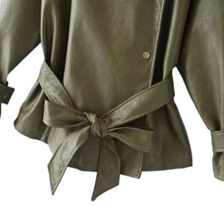 FEMALE AUTUMN LOOSE TURN-DOWN COLLAR LACE-UP CUFF LEATHER JACKET (ARMY GREEN)