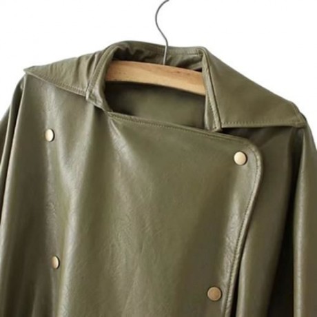 FEMALE AUTUMN LOOSE TURN-DOWN COLLAR LACE-UP CUFF LEATHER JACKET (ARMY GREEN)
