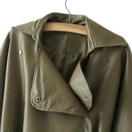 FEMALE AUTUMN LOOSE TURN-DOWN COLLAR LACE-UP CUFF LEATHER JACKET (ARMY GREEN)