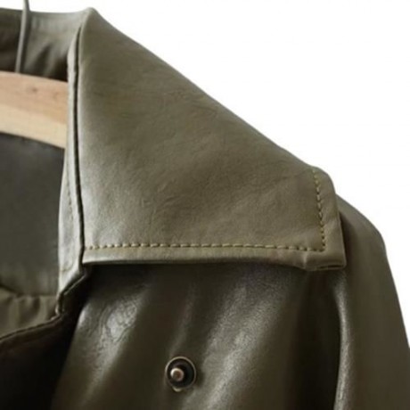 FEMALE AUTUMN LOOSE TURN-DOWN COLLAR LACE-UP CUFF LEATHER JACKET (ARMY GREEN)