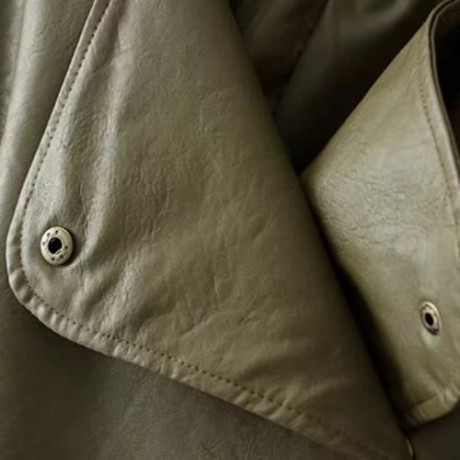 FEMALE AUTUMN LOOSE TURN-DOWN COLLAR LACE-UP CUFF LEATHER JACKET (ARMY GREEN)