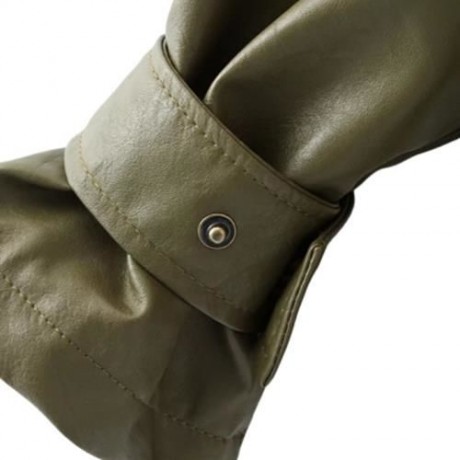 FEMALE AUTUMN LOOSE TURN-DOWN COLLAR LACE-UP CUFF LEATHER JACKET (ARMY GREEN)