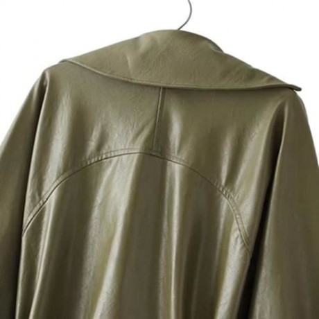 FEMALE AUTUMN LOOSE TURN-DOWN COLLAR LACE-UP CUFF LEATHER JACKET (ARMY GREEN)