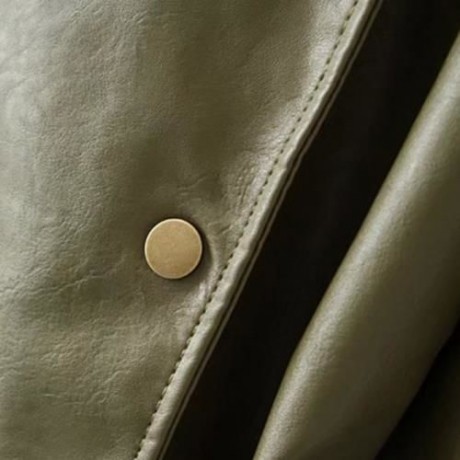 FEMALE AUTUMN LOOSE TURN-DOWN COLLAR LACE-UP CUFF LEATHER JACKET (ARMY GREEN)