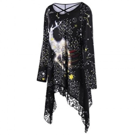 PLUS SIZE REINDEER GALAXY LACE HEM TOP (BLACK)