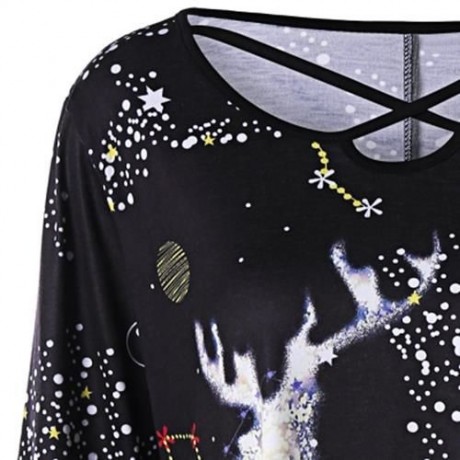 PLUS SIZE REINDEER GALAXY LACE HEM TOP (BLACK)