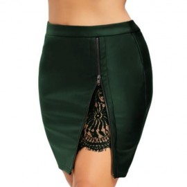 PLUS SIZE LACE INSERT PU LEATHER SKIRT (BLACKISH GREEN)
