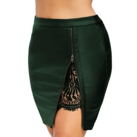 PLUS SIZE LACE INSERT PU LEATHER SKIRT (BLACKISH GREEN)