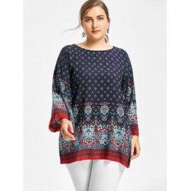 PLUS SIZE BELL SLEEVE TRIBE PRINT BLOUSE (DEEP BLUE)