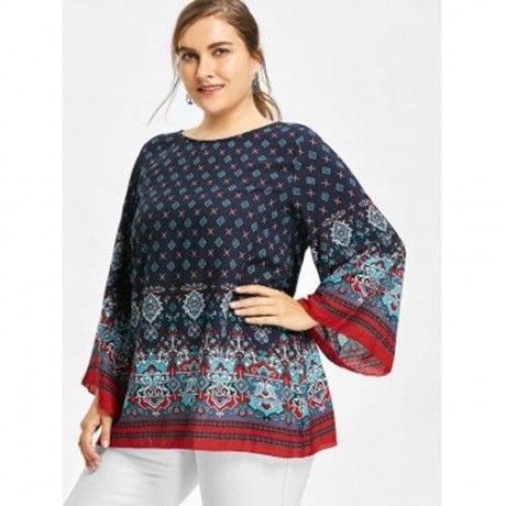 PLUS SIZE BELL SLEEVE TRIBE PRINT BLOUSE (DEEP BLUE)