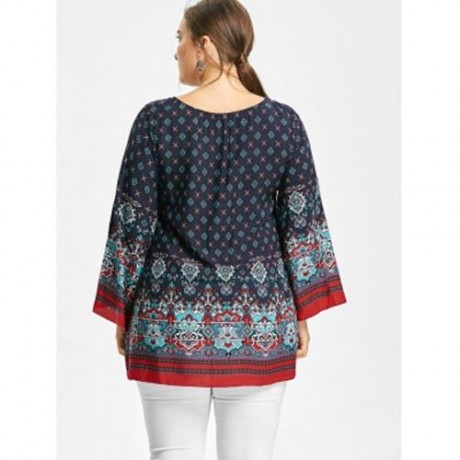 PLUS SIZE BELL SLEEVE TRIBE PRINT BLOUSE (DEEP BLUE)