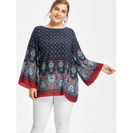 PLUS SIZE BELL SLEEVE TRIBE PRINT BLOUSE (DEEP BLUE)