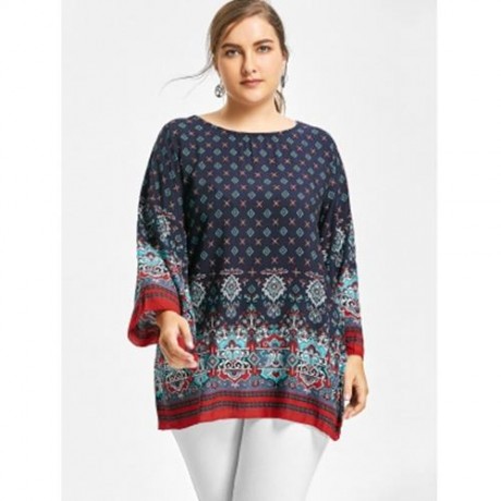 PLUS SIZE BELL SLEEVE TRIBE PRINT BLOUSE (DEEP BLUE)
