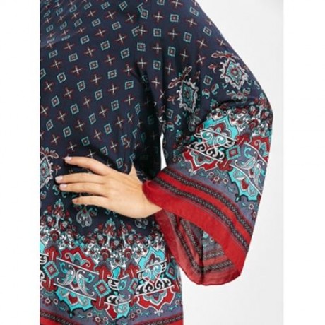 PLUS SIZE BELL SLEEVE TRIBE PRINT BLOUSE (DEEP BLUE)