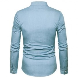 STAND COLLAR PU LEATHER EDGING CHAMBRAY SHIRT  (LIGHT BLUE)