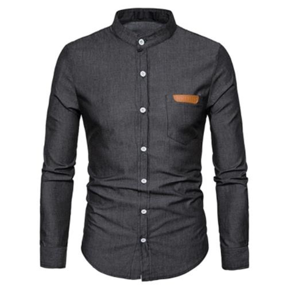 STAND COLLAR PU LEATHER EDGING CHAMBRAY SHIRT  (BLACK)